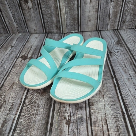 CROCS Shoes - Women's Crocs Swiftwater Slide Sandals Strappy Sports Wear Comfort Blue Size 6